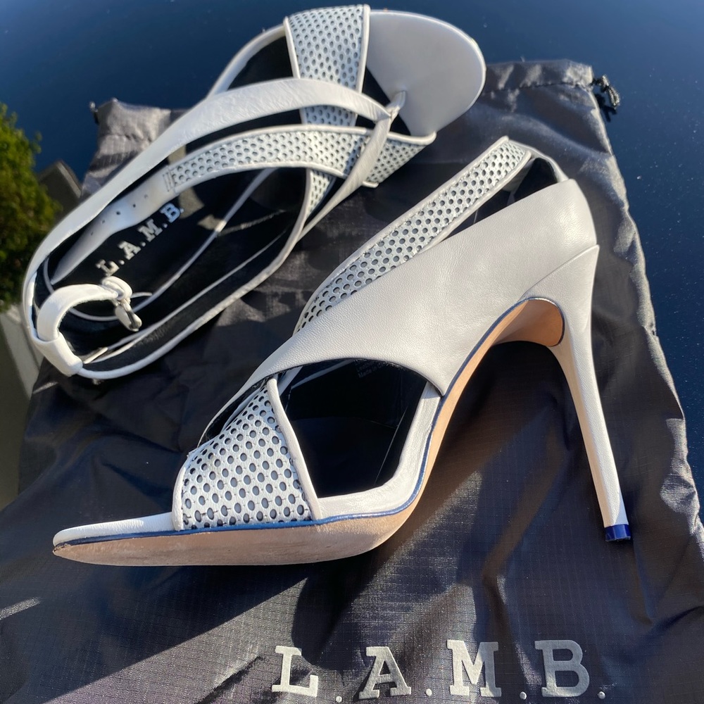 LAMB open toe white heels
